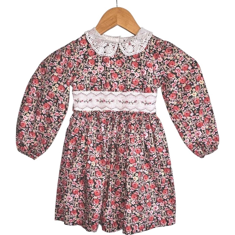 Bonnie Jean Lace Collar Ditzy Floral Smocked Long Sleeve‎ Dress Size 5 Prairie